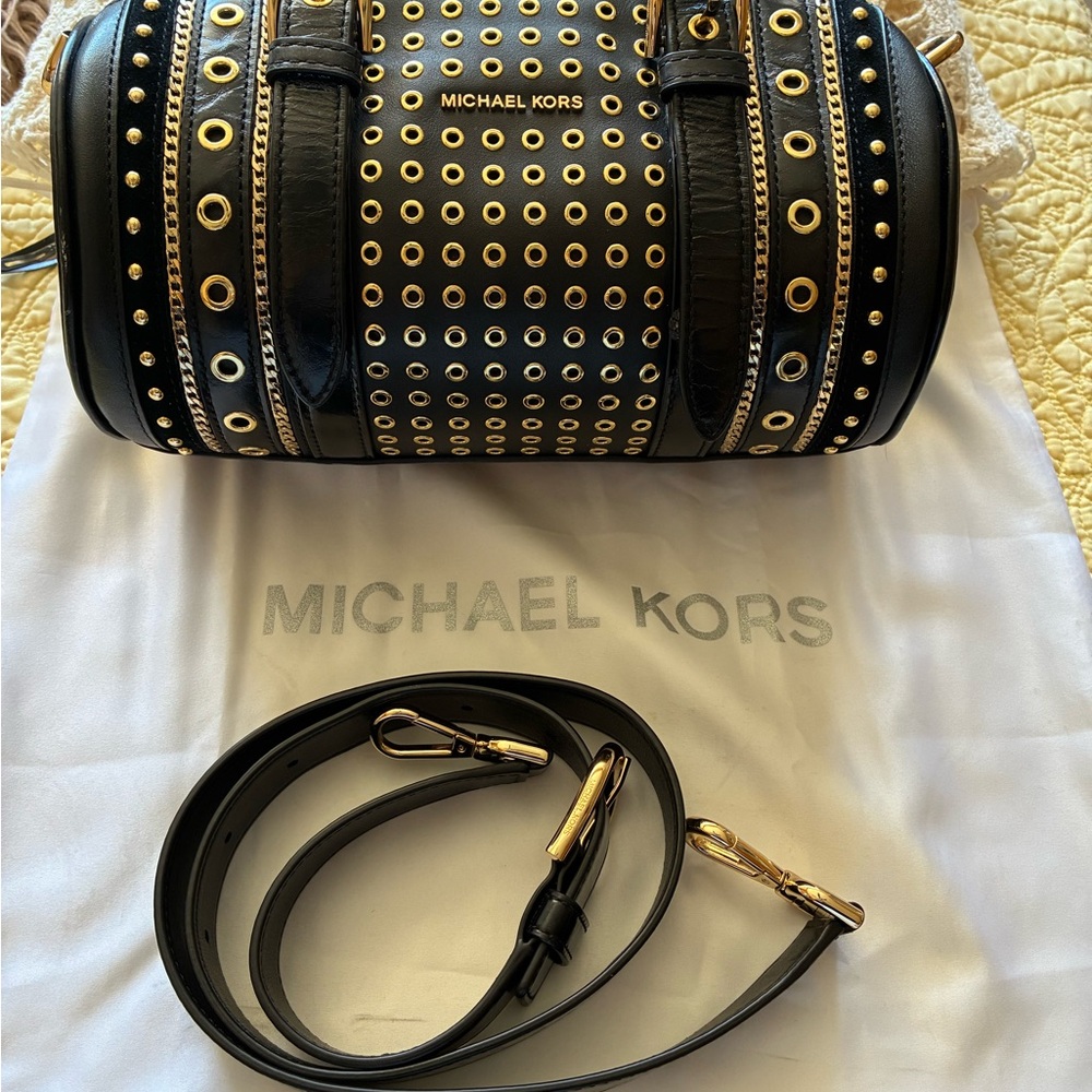 Michael Kors Black and Gold Eyelet Satchel.